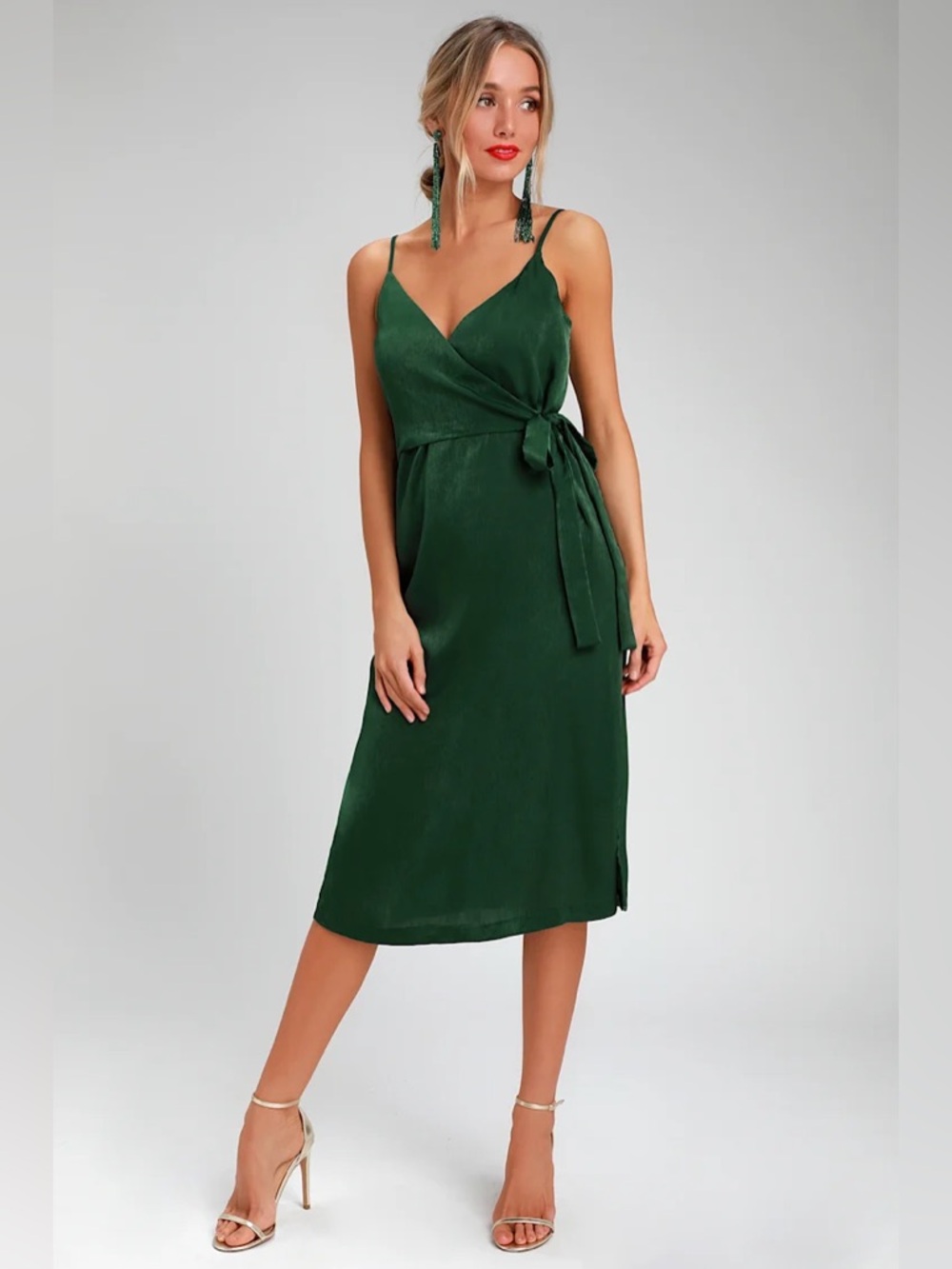 J.O.A. - Lulus - Fall In Love Forest Green Satin Midi Wrap Dress